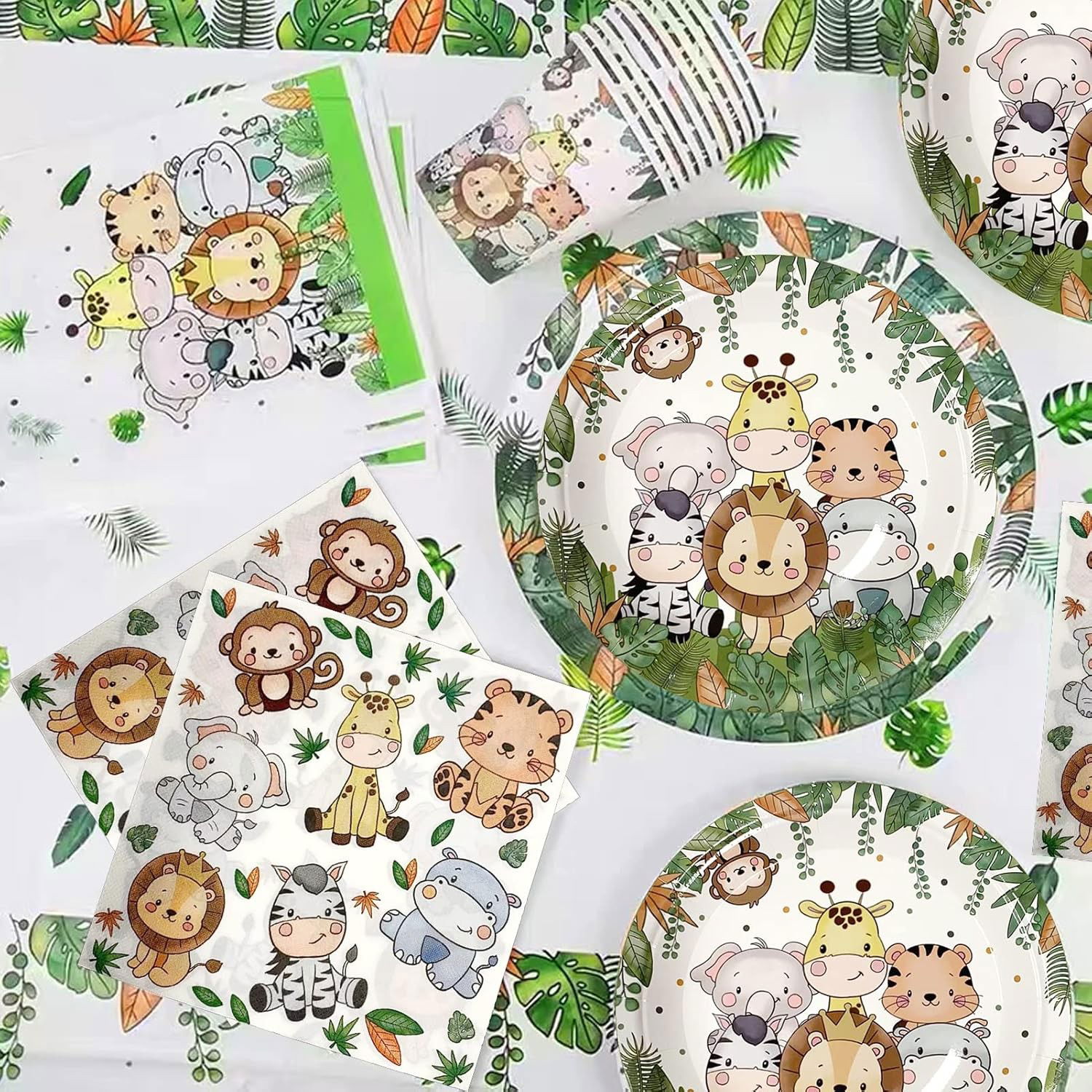 Set 10 Farfurii Unica Folosinta, Flippy, Imprimeu Jungle, din Carton, 22 cm, Verde [4]