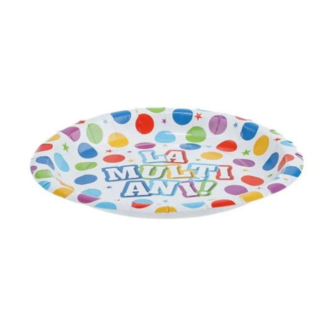 10 - 25 LEI - Set 10 Farfurii Unica Folosinta, Flippy, Imprimeu La Multi Ani, din Carton, Diametru 17 cm, Multicolor