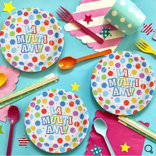 Set 10 Farfurii Unica Folosinta, Flippy, Imprimeu La Multi Ani, din Carton, Diametru 17 cm, Multicolor [3]