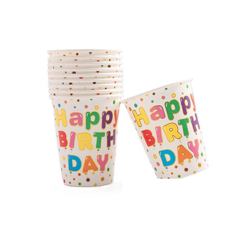 Articole Servire Masa - Set 10 Pahare, Flippy, Imprimeu Happy Birthday, din Carton, 250 ml, 7.5 x 8.5 cm, Multicolor
