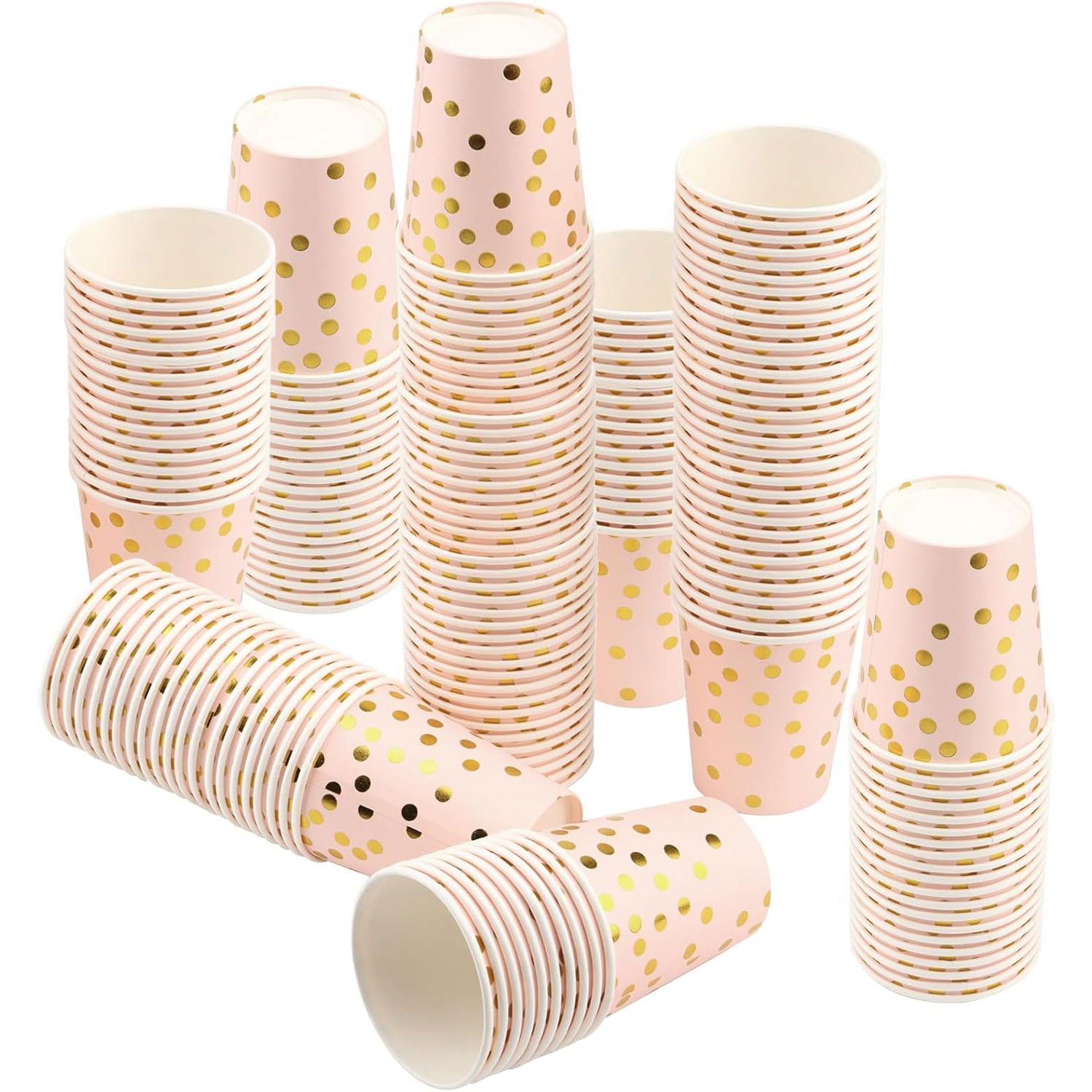 Set 10 Pahare, Flippy, Imprimeu cu Buline, din Carton, 250 ml, 7.5 x 8.5 x 5.2 cm, Roz/Auriu [6]