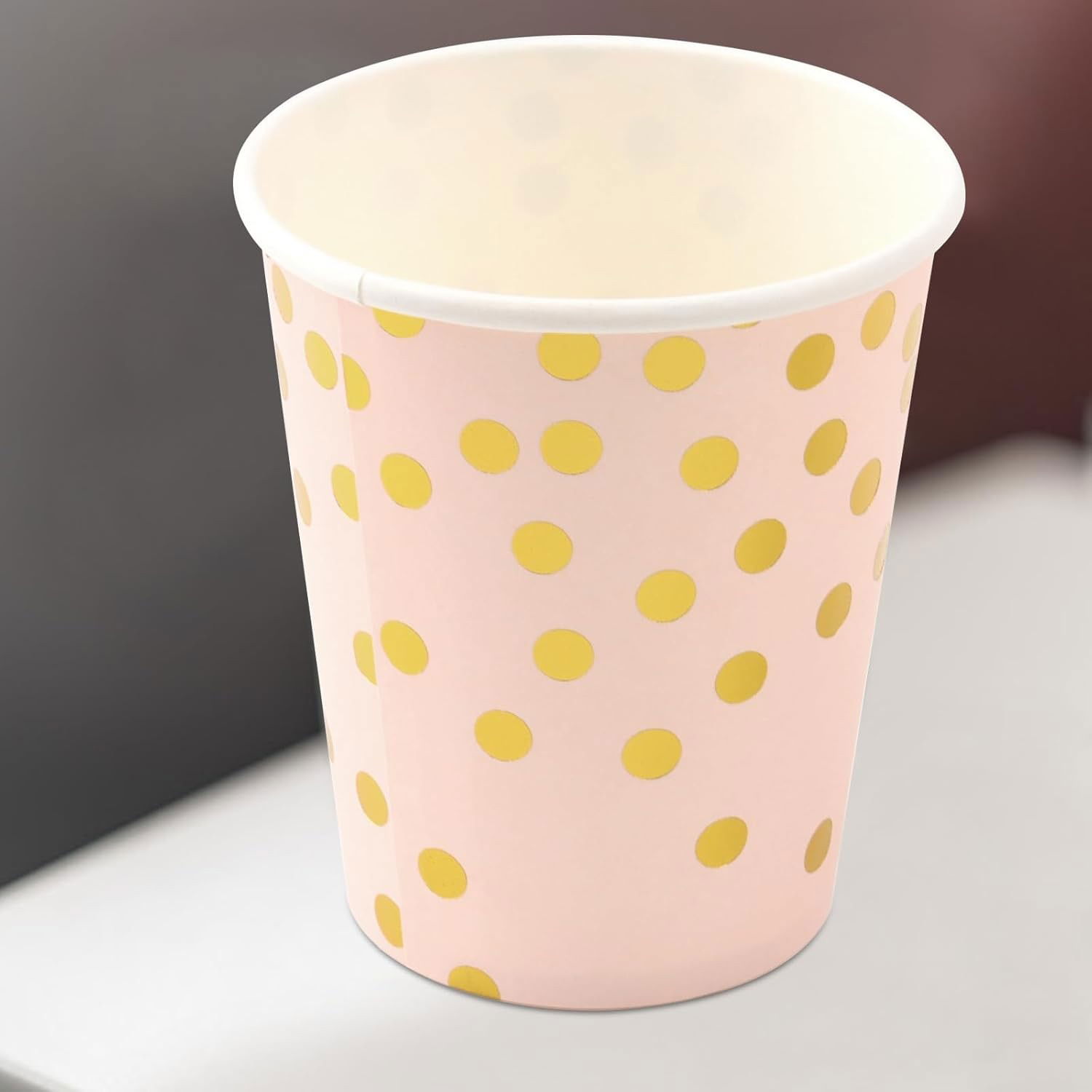 Set 10 Pahare, Flippy, Imprimeu cu Buline, din Carton, 250 ml, 7.5 x 8.5 x 5.2 cm, Roz/Auriu [4]