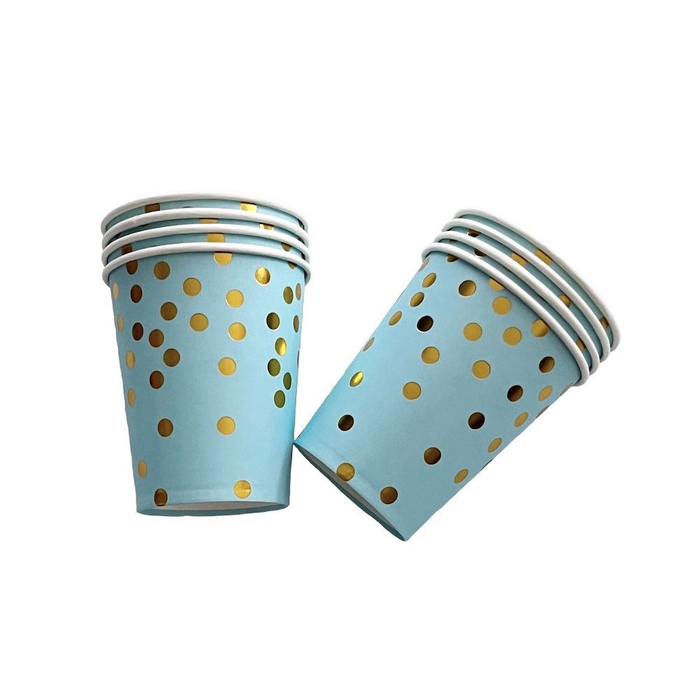 10 - 25 LEI - Set 10 Pahare, Flippy, Imprimeu cu Buline, din Carton, 250 ml, 7.5 x 8.5 x 5.2 cm, Albastru/Auriu