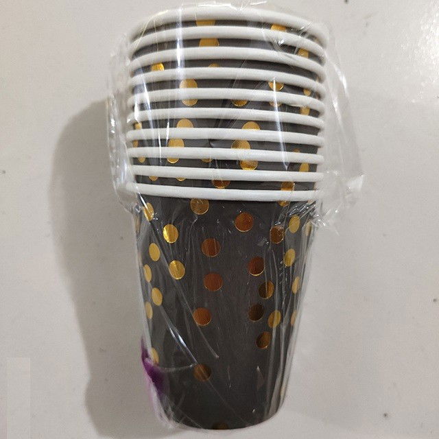 Articole Servire Masa - Set 10 Pahare, Flippy, Imprimeu cu Buline, din Carton, 250 ml, 7.5 x 8.5 x 5.2 cm, Negru/Auriu