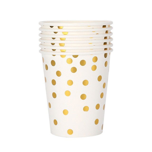 10 - 25 LEI - Set 10 Pahare, Flippy, Imprimeu cu Buline, din Carton, 250 ml, 7.5 x 8.5 x 5.2 cm, Auriu