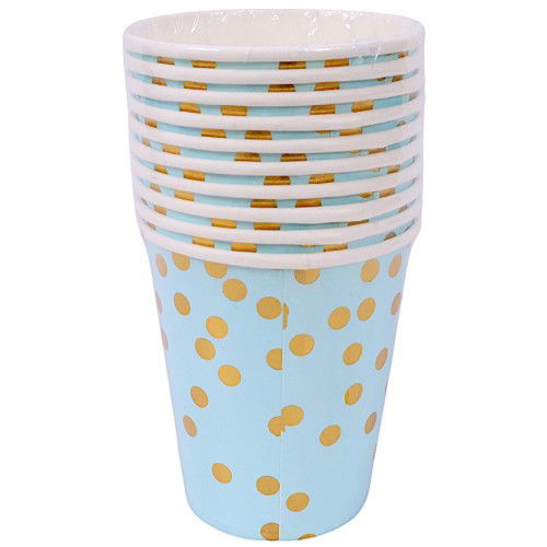 Set 10 Pahare, Flippy, Imprimeu cu Buline, din Carton, 250 ml, 7.5 x 8.5 x 5.2 cm, Albastru/Auriu [3]