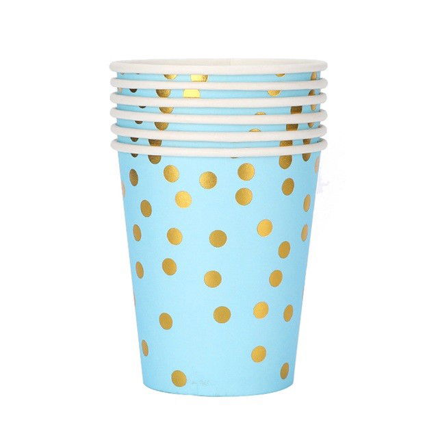 Articole Servire Masa - Set 10 Pahare, Flippy, Imprimeu cu Buline, din Carton, 250 ml, 7.5 x 8.5 x 5.2 cm, Albastru/Auriu