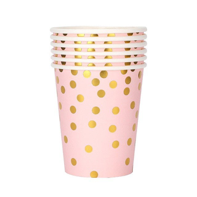 10 - 25 LEI - Set 10 Pahare, Flippy, Imprimeu cu Buline, din Carton, 250 ml, 7.5 x 8.5 x 5.2 cm, Roz/Auriu