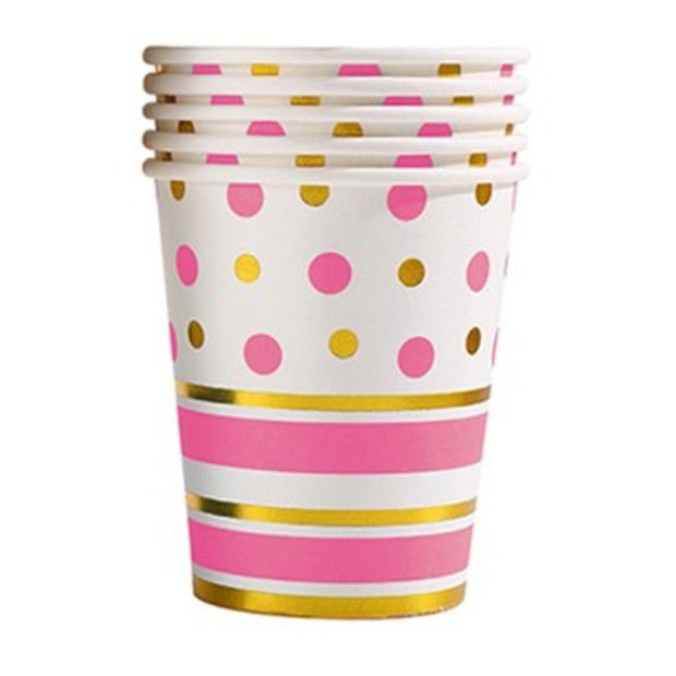 10 - 25 LEI - Set 10 Pahare, Flippy, Imprimeu cu Buline si Dungi, din Carton, 250 ml, 7.5 x 8.5 x 5.2 cm, Roz/Auriu