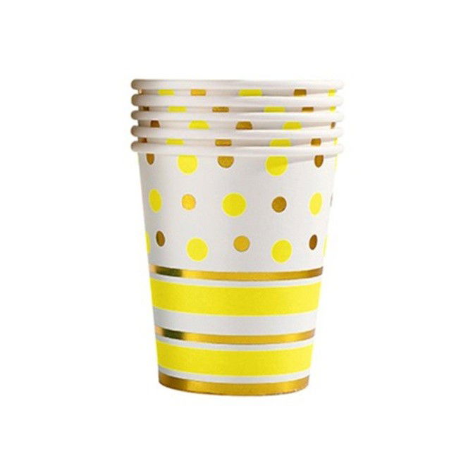 Articole Servire Masa - Set 10 Pahare, Flippy, Imprimeu cu Buline si Dungi, din Carton, 250 ml, 7.5 x 8.5 x 5.2 cm, Galben/Auriu