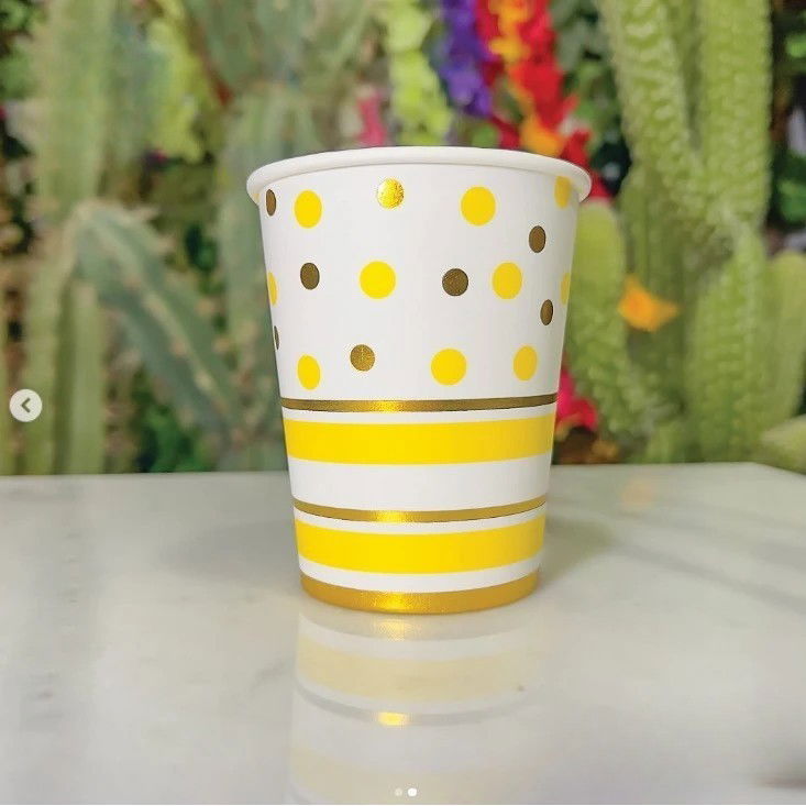 Set 10 Pahare, Flippy, Imprimeu cu Buline si Dungi, din Carton, 250 ml, 7.5 x 8.5 x 5.2 cm, Galben/Auriu [3]