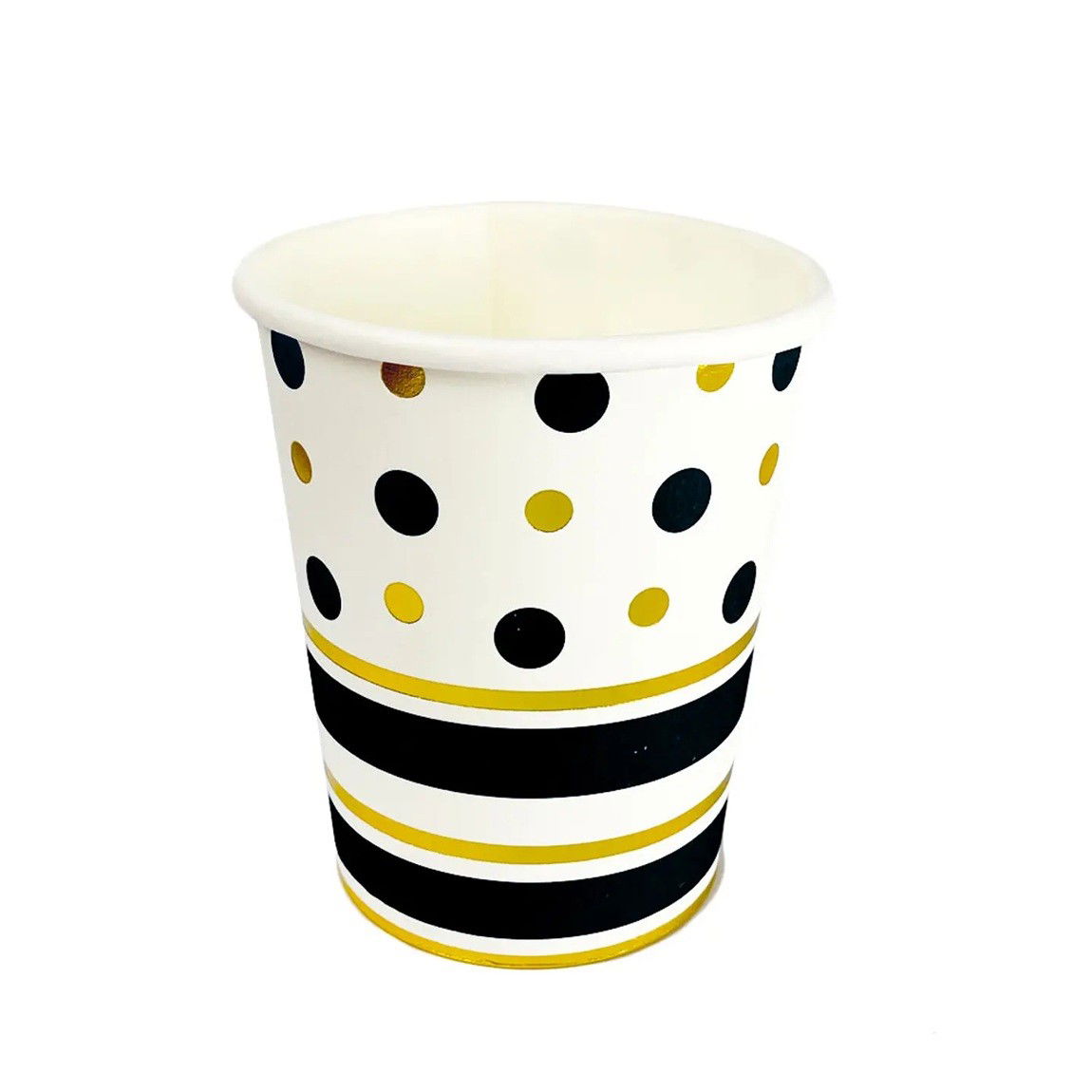 10 - 25 LEI - Set 10 Pahare, Flippy, Imprimeu cu Buline si Dungi, din Carton, 250 ml, 7.5 x 8.5 x 5.2 cm, Negru/Auriu