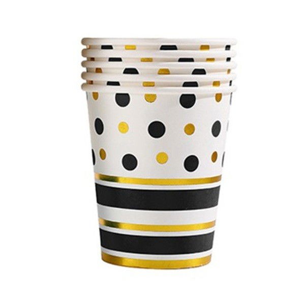 10 - 25 LEI - Set 10 Pahare, Flippy, Imprimeu cu Buline si Dungi, din Carton, 250 ml, 7.5 x 8.5 x 5.2 cm, Negru/Auriu