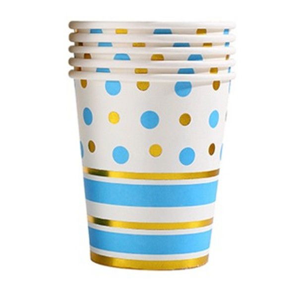 Articole Servire Masa - Set 10 Pahare, Flippy, Imprimeu cu Buline si Dungi, din Carton, 250 ml, 7.5 x 8.5 x 5.2 cm, Albastru/Auriu