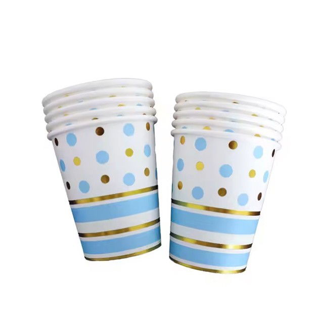 Articole Servire Masa - Set 10 Pahare, Flippy, Imprimeu cu Buline si Dungi, din Carton, 250 ml, 7.5 x 8.5 x 5.2 cm, Albastru/Auriu