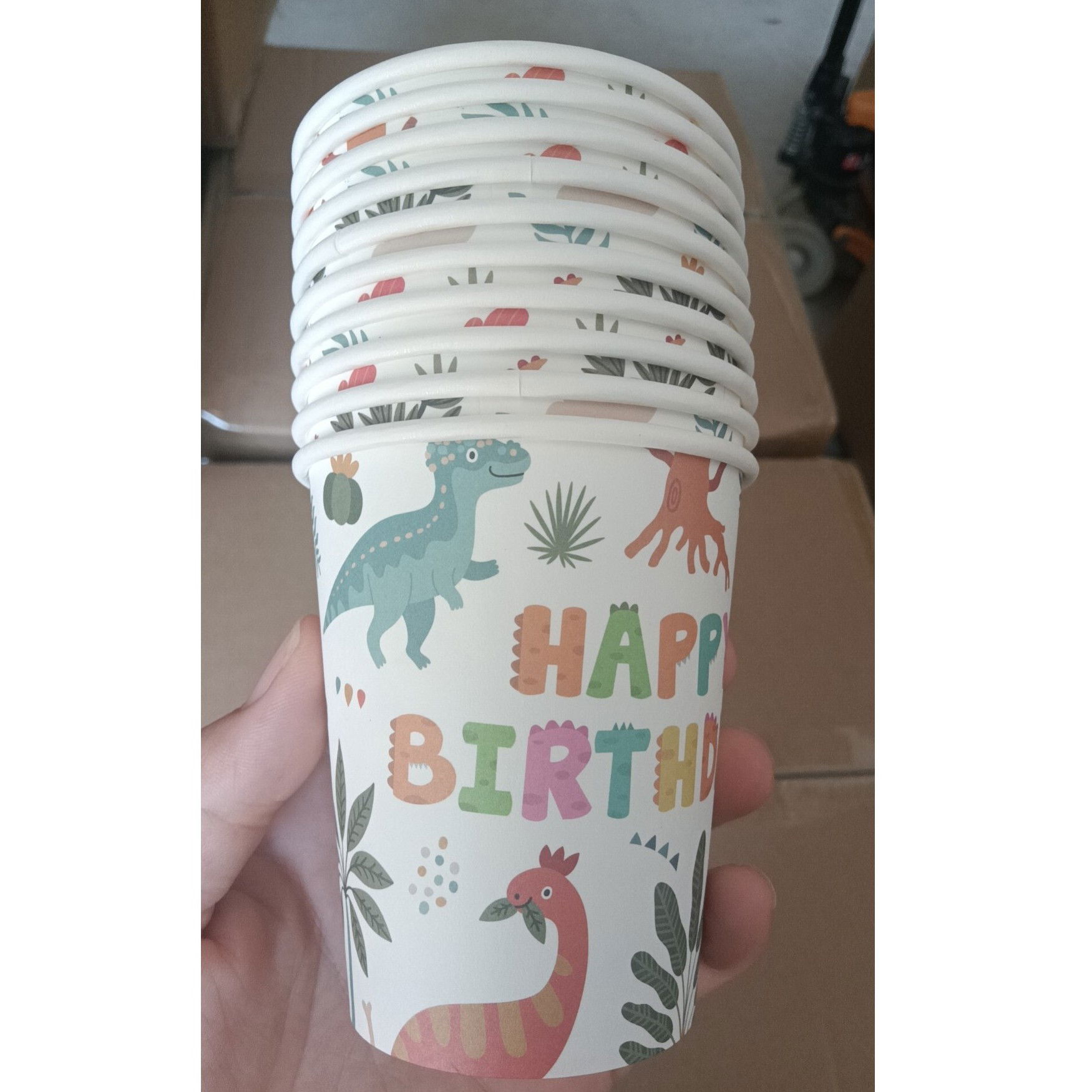 10 - 25 LEI - Set 10 Pahare, Flippy, Imprimeu cu Dinozaurii, din Carton, 250 ml, 7.5 x 8.5 x 5.2 cm, Multicolor