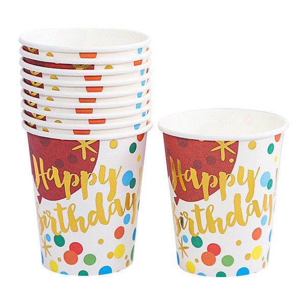 Articole Servire Masa - Set 10 Pahare, Flippy, Imprimeu Happy Birthday Baloane, din Carton, 250 ml, 7.5 x 8.5 x 5.2 cm, Multicolor