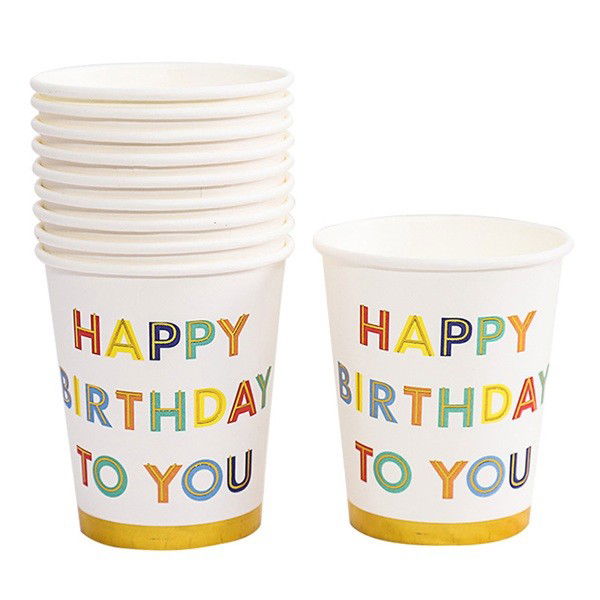 Articole Servire Masa - Set 10 Pahare, Flippy, Imprimeu Happy Birthday to You, din Carton, 250 ml, 7.5 x 8.5 x 5.2 cm, Multicolor