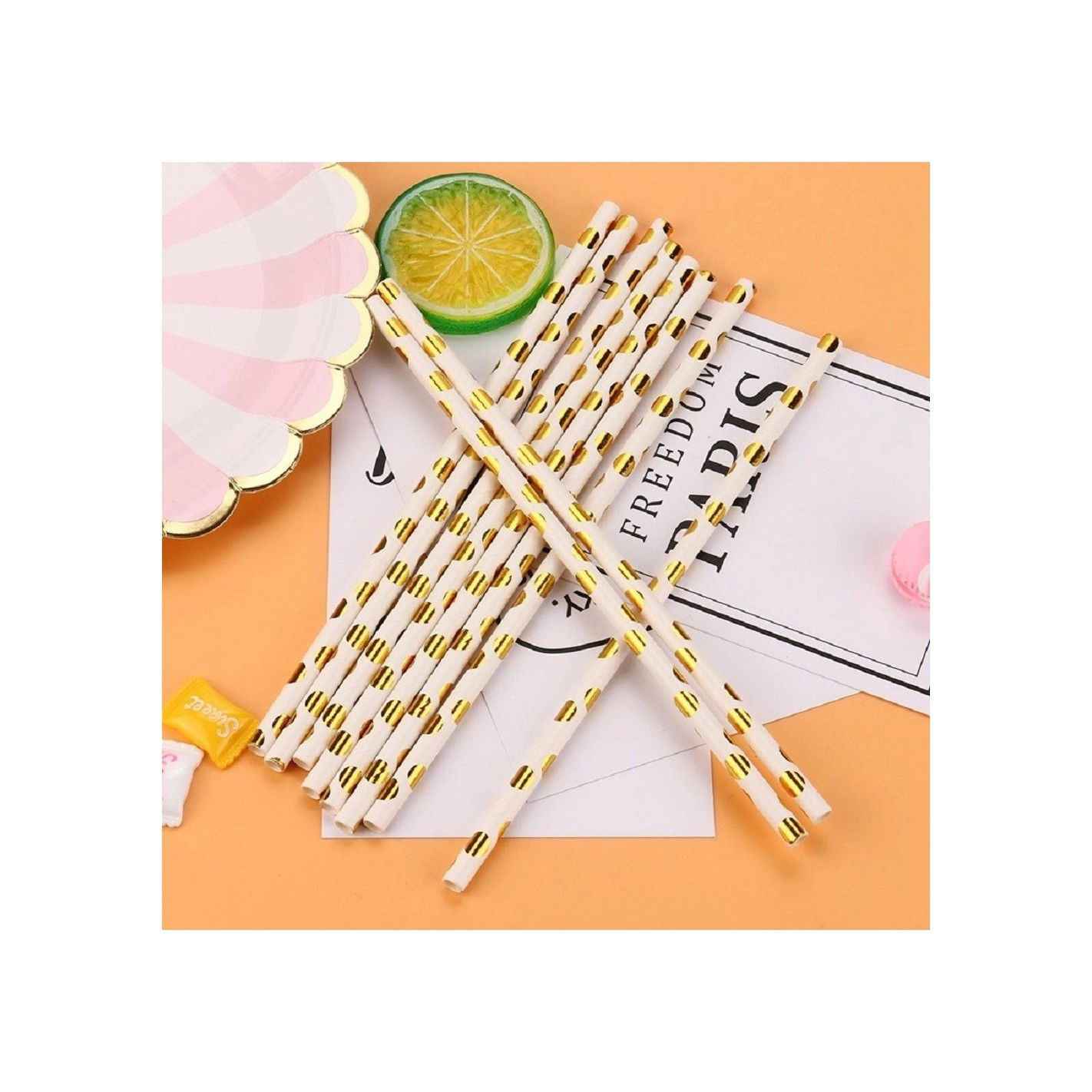 10 - 25 LEI - Set 10 Paie, Flippy, din Hartie, 19.5 cm, Model cu Buline Aurii, Alb