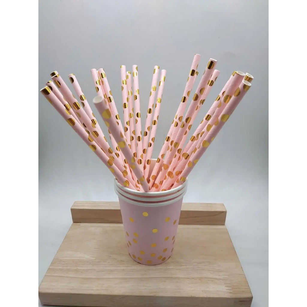 Set 10 Paie, Flippy, din Hartie, 19.5 cm, Model cu Buline Aurii, Roz [3]