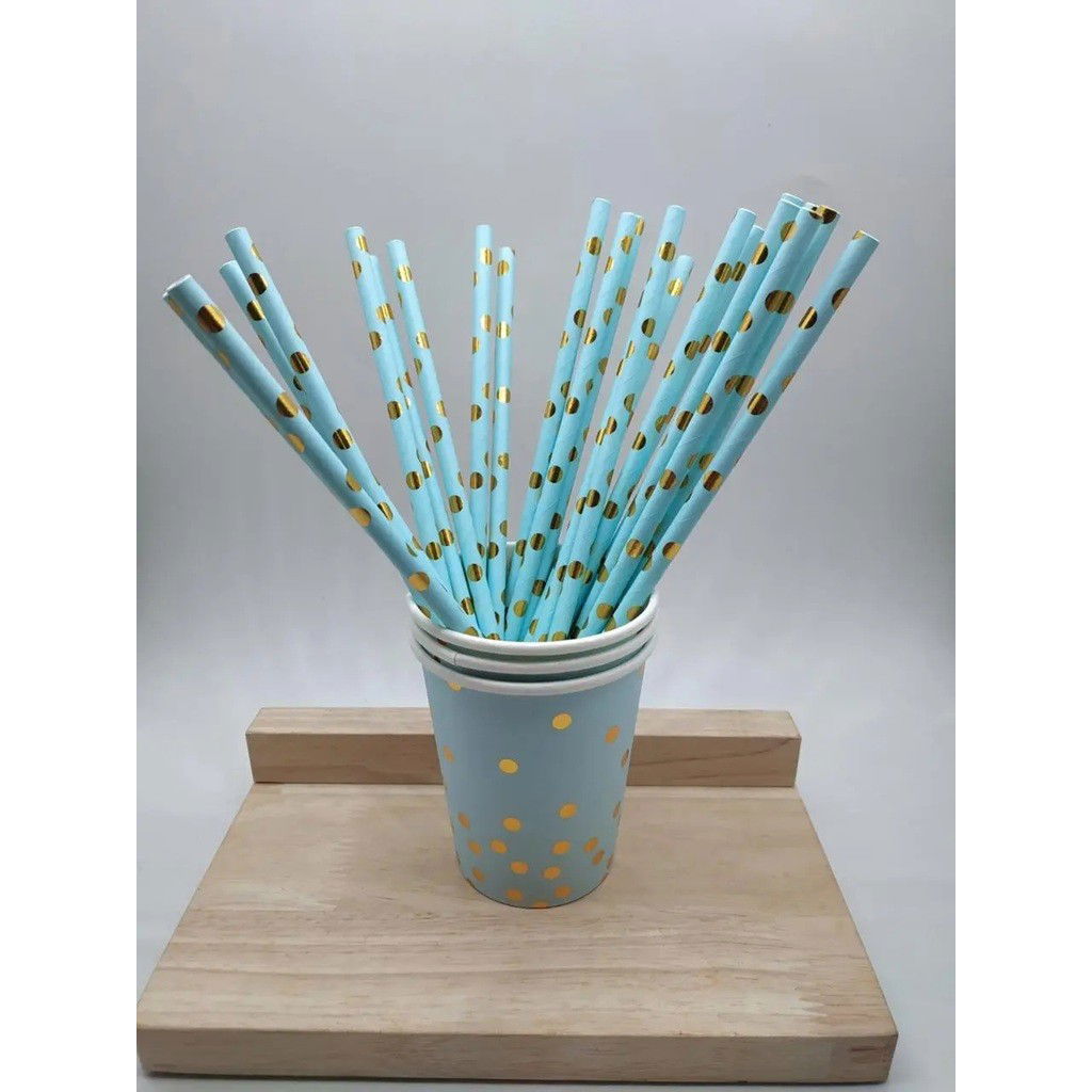 Set 10 Paie, Flippy, din Hartie, 19.5 cm, Model cu Buline Aurii, Albastru [3]