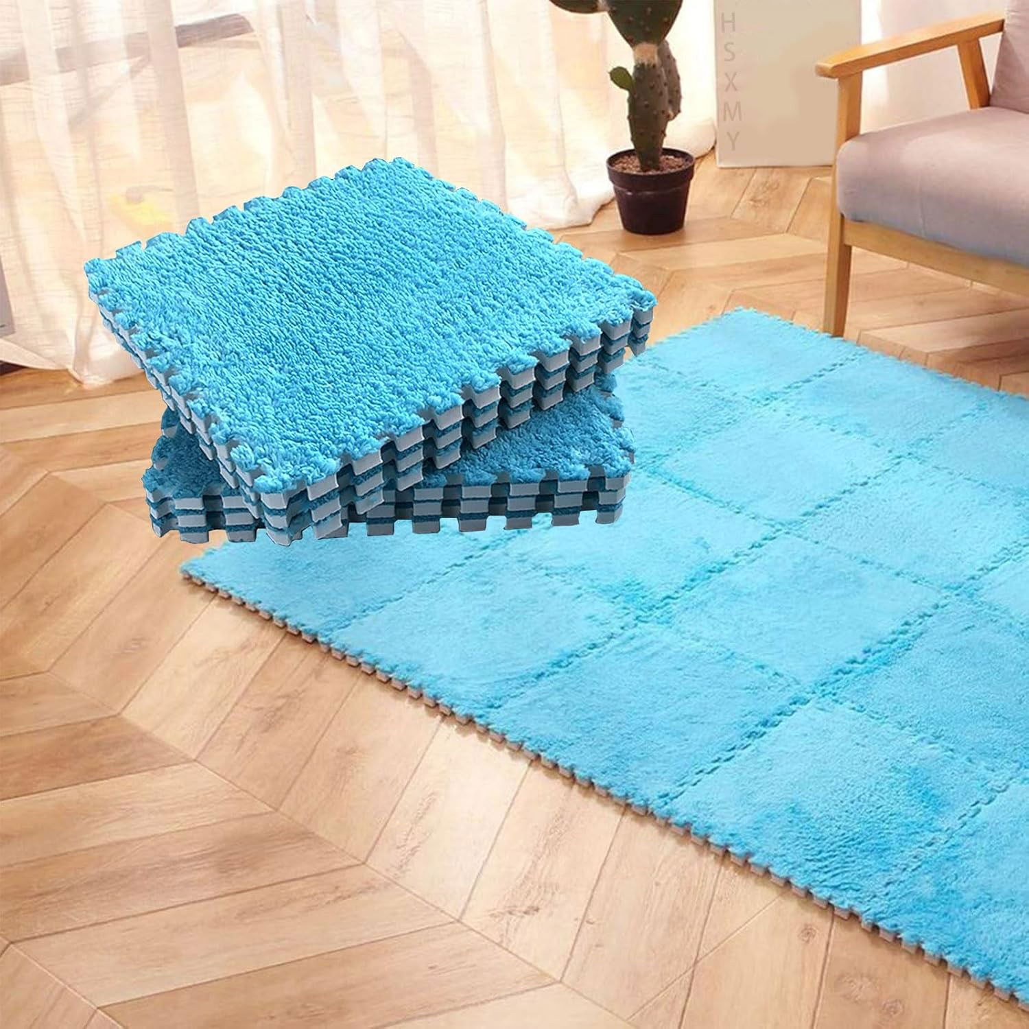 Set 10 Piese Covor tip Puzzle, Flippy, Spuma EVA, Pufos, 30 x 30 x 1 cm, Albastru [6]