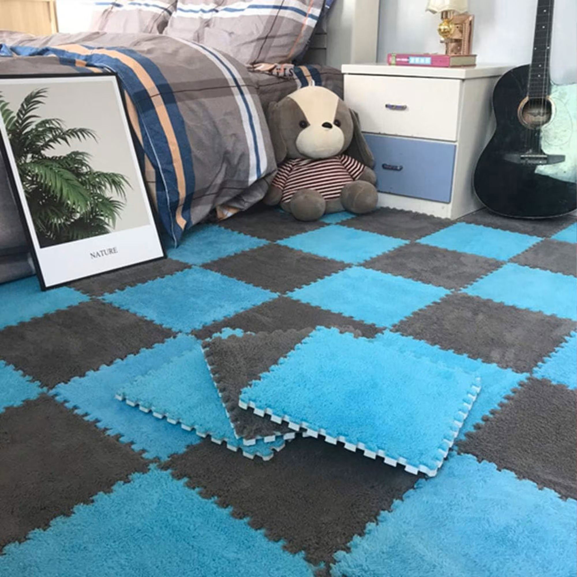 Covorase de joaca - Set 10 Piese Covor tip Puzzle, Flippy, Spuma EVA, Pufos, 30 x 30 x 1 cm, Albastru