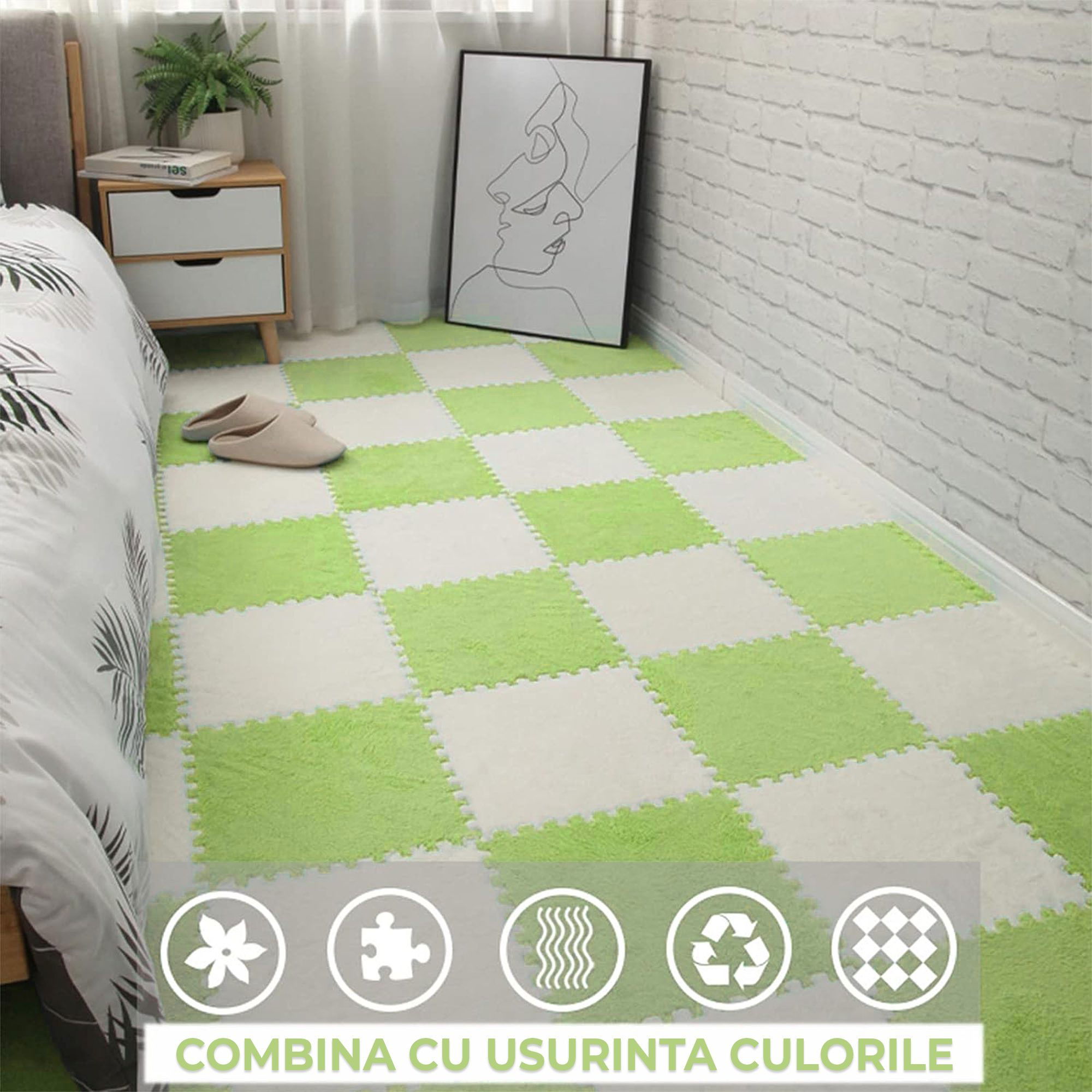 Covorase de joaca - Set 10 Piese Covor tip Puzzle, Flippy, Spuma EVA, Pufos, 30 x 30 x 1 cm, Verde