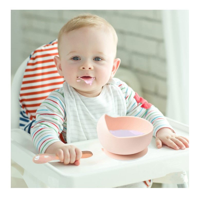 50 - 100 LEI - Set 10 piese diversificare bebelusi si copii din silicon Flippy, baveta, farfurie compartimentata cu ventuza, bol cu ventuza, tacamuri din lemn si silicon, cana pentru gustari, fara alergeni, roz pal