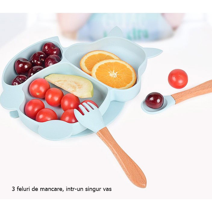 50 - 100 LEI - Set 10 piese diversificare bebelusi si copii din silicon Flippy, baveta, farfurie compartimentata cu ventuza, bol cu ventuza, tacamuri din lemn si silicon, cana pentru gustari, fara alergeni, baby blu