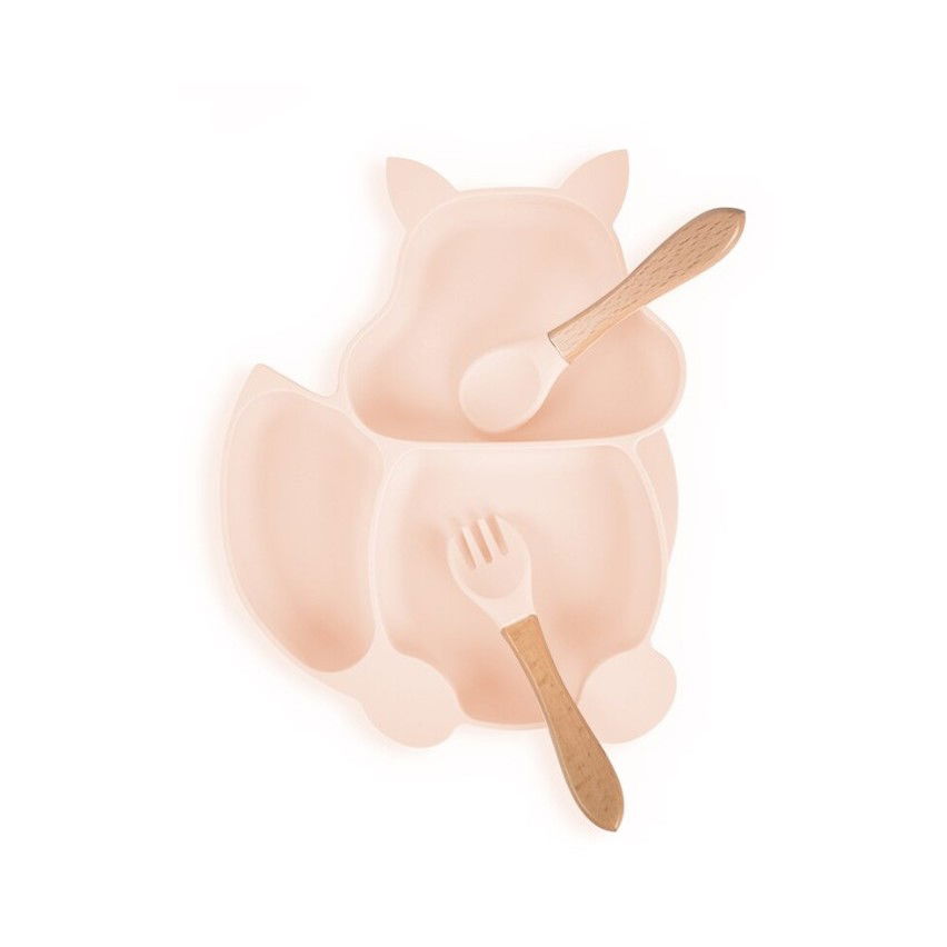 Set 10 piese diversificare bebelusi si copii din silicon Flippy, baveta, farfurie compartimentata cu ventuza, bol cu ventuza, tacamuri din lemn si silicon, cana pentru gustari, fara alergeni, roz pal [5]