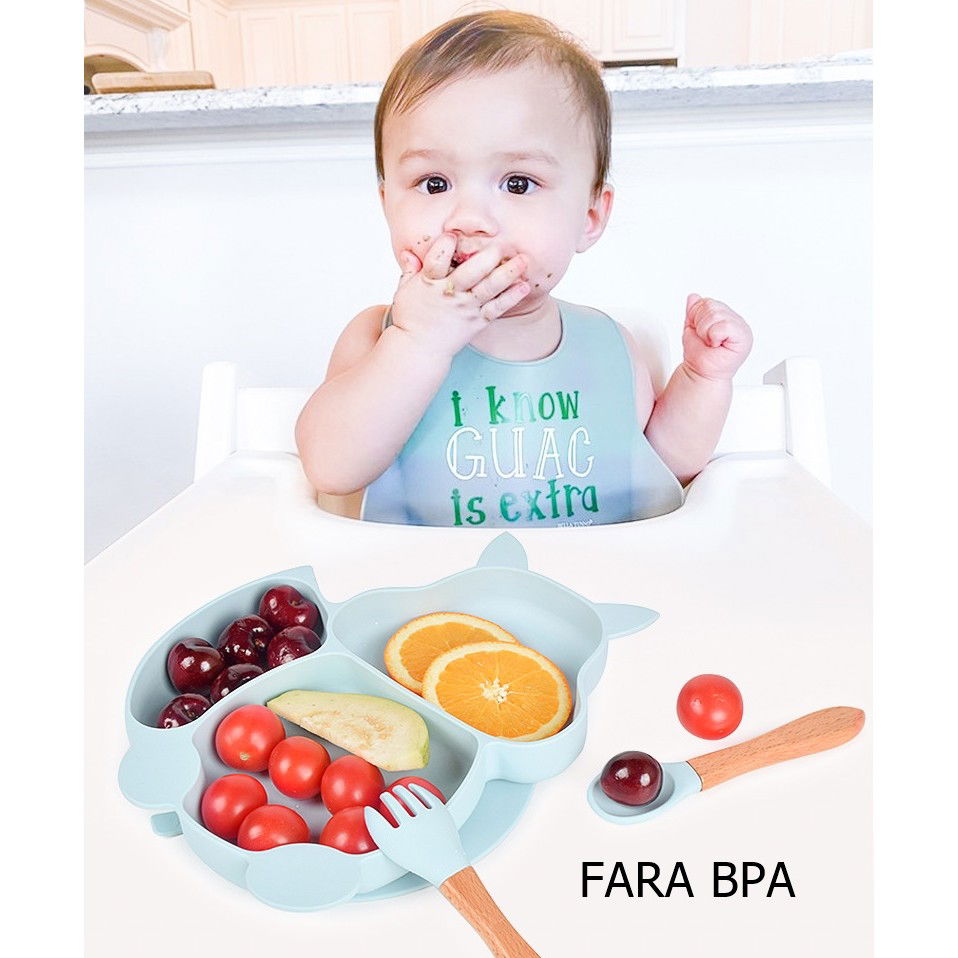 Set 10 piese diversificare bebelusi si copii din silicon Flippy, baveta, farfurie compartimentata cu ventuza, bol cu ventuza, tacamuri din lemn si silicon, cana pentru gustari, fara alergeni, baby blu [3]