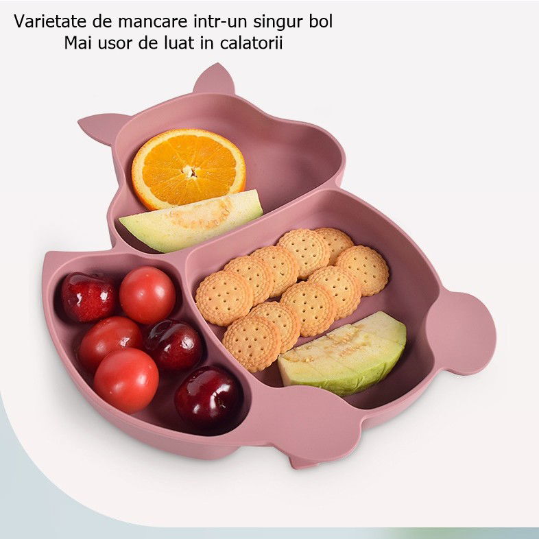 Set 10 piese diversificare bebelusi si copii din silicon Flippy, baveta, farfurie compartimentata cu ventuza, bol cu ventuza, tacamuri din lemn si silicon, cana pentru gustari, fara alergeni, roz pudr [4]