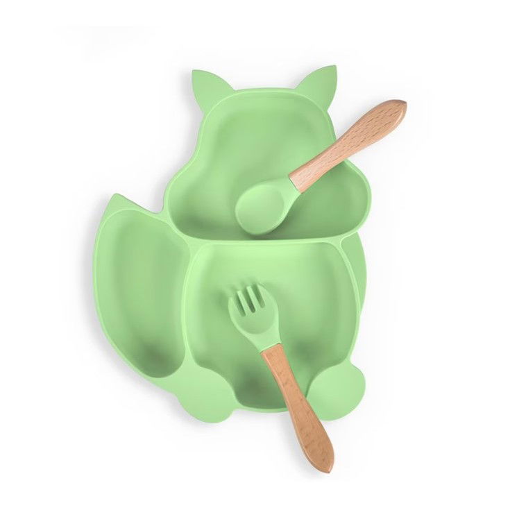 Set 10 piese diversificare bebelusi si copii din silicon Flippy, baveta, farfurie compartimentata cu ventuza, bol cu ventuza, tacamuri din lemn si silicon, cana pentru gustari, fara alergeni, verde [5]