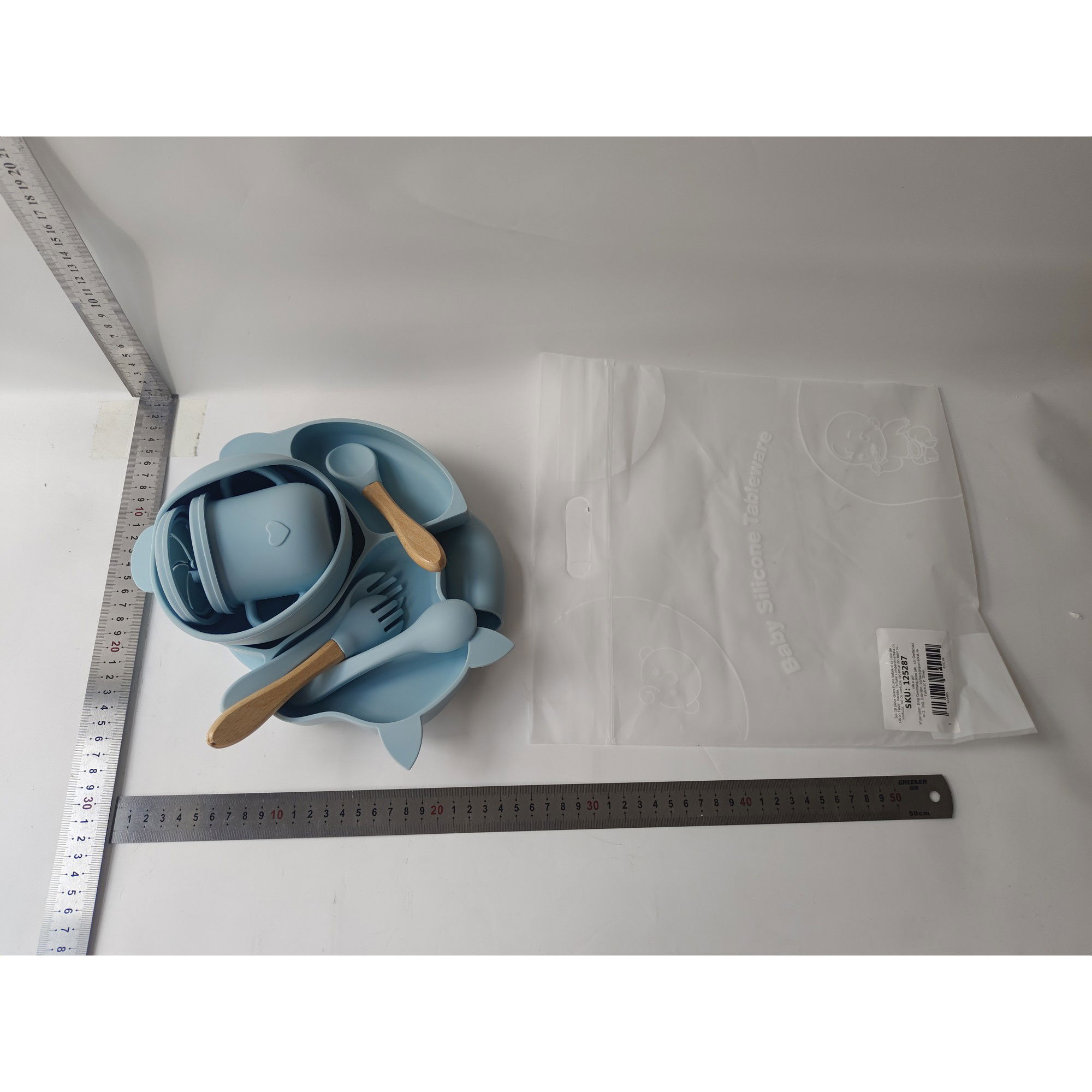 Set 10 piese diversificare bebelusi si copii din silicon Flippy, baveta, farfurie compartimentata cu ventuza, bol cu ventuza, tacamuri din lemn si silicon, cana pentru gustari, fara alergeni, baby blu [5]