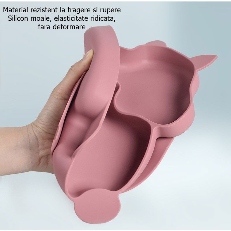 Set 10 piese diversificare bebelusi si copii din silicon Flippy, baveta, farfurie compartimentata cu ventuza, bol cu ventuza, tacamuri din lemn si silicon, cana pentru gustari, fara alergeni, roz pudr [5]
