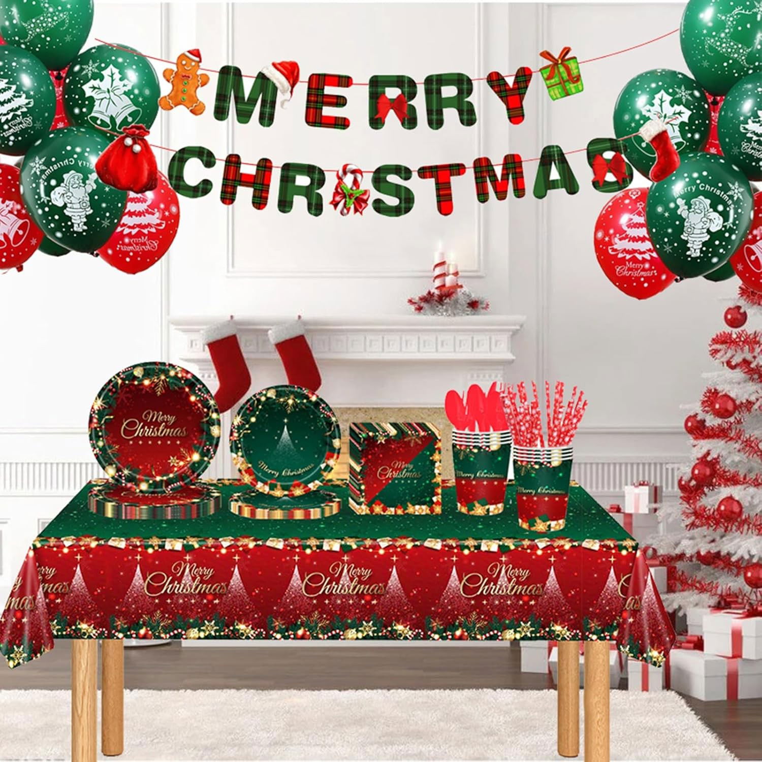 Petrecere - Set 119 Piese, Flippy, pentru Masa de Craciun, Farfurii 18 cm, Farfurii 23 cm, Pahare, Servetele, Tacamuri, Fata de Masa, Ghirlanda, Paie, Rosu/Verde