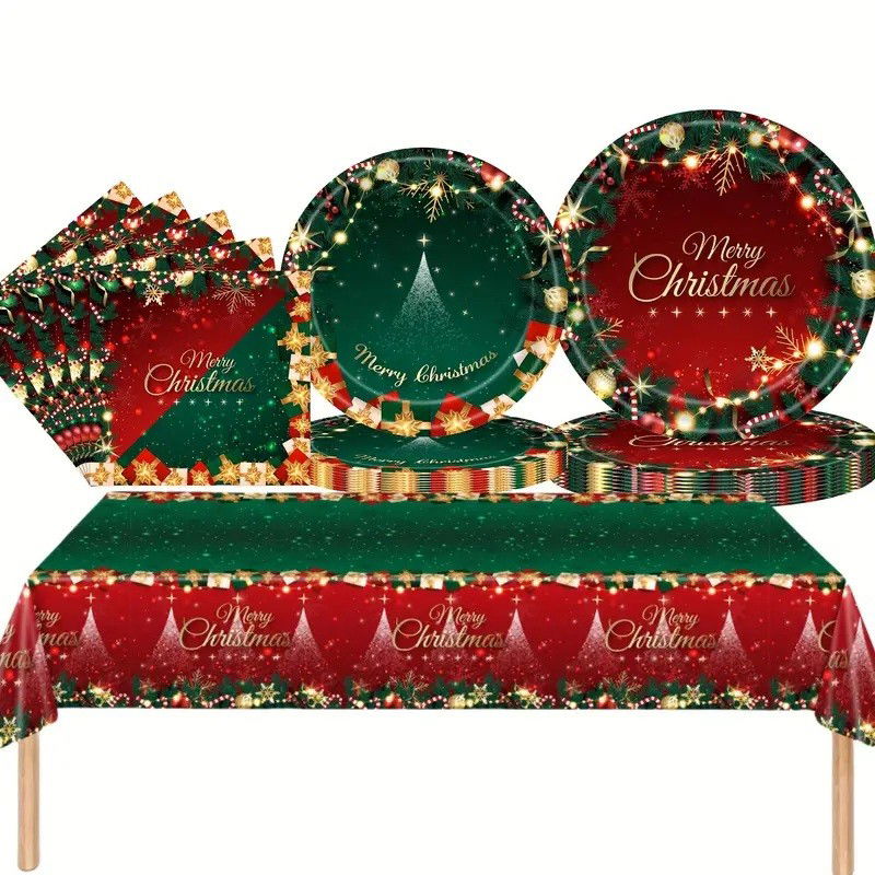 Set 119 Piese, Flippy, pentru Masa de Craciun, Farfurii 18 cm, Farfurii 23 cm, Pahare, Servetele, Tacamuri, Fata de Masa, Ghirlanda, Paie, Rosu/Verde [6]