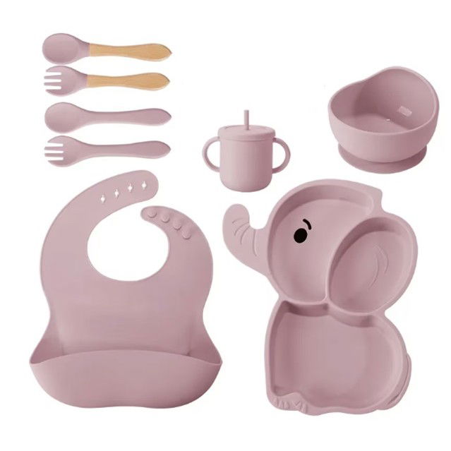 Set 10 Piese Servire Masa. Flippy, pentru Bebelusi si Copii, din Silicon/Lemn, cu Ventuze Anti-alunecare, fara Alergeni. +6 Luni, Model Elefant, Mov [3]