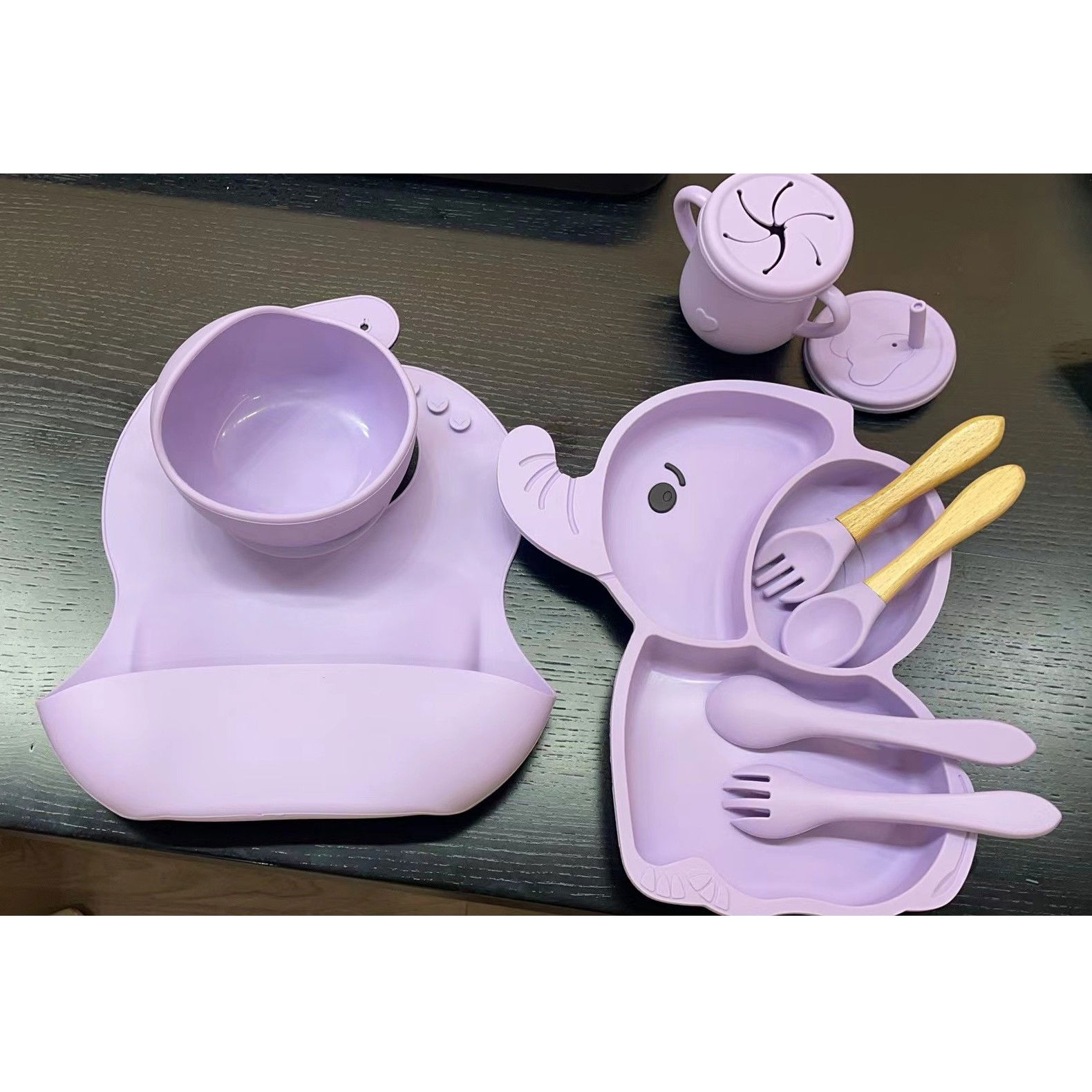 Set 10 Piese Servire Masa. Flippy, pentru Bebelusi si Copii, din Silicon/Lemn, cu Ventuze Anti-alunecare, fara Alergeni. +6 Luni, Model Elefant, Mov [5]