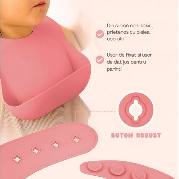 Set 10 Piese Servire Masa. Flippy, pentru Bebelusi si Copii, din Silicon/Lemn, cu Ventuze Anti-alunecare, fara Alergeni. +6 Luni, Model Elefant, Roz [5]