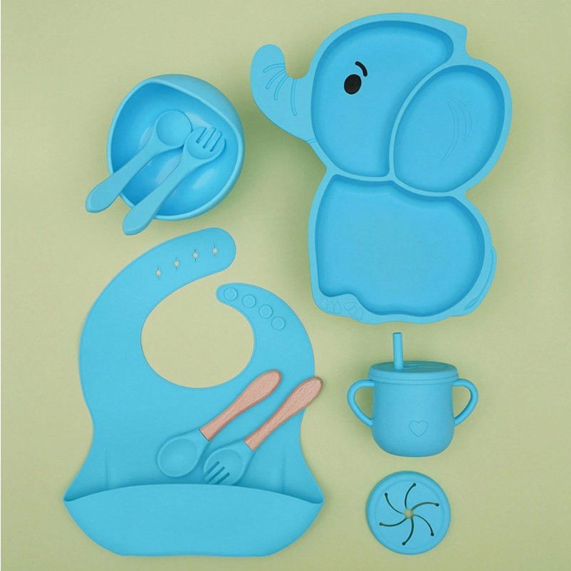 Set 10 Piese Servire Masa. Flippy, pentru Bebelusi si Copii, din Silicon/Lemn, cu Ventuze Anti-alunecare, fara Alergeni. +6 Luni, Model Elefant, Albastru [7]