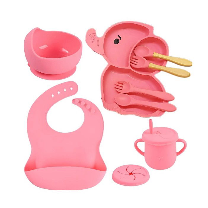 Articole Diverse copii - Set 10 Piese Servire Masa. Flippy, pentru Bebelusi si Copii, din Silicon/Lemn, cu Ventuze Anti-alunecare, fara Alergeni. +6 Luni, Model Elefant, Roz