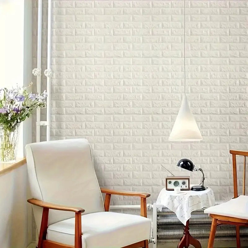 Set 10 Placi Tapet 3D, Flippy, 35 x 38 cm, Grosime 3 mm, din Polietilena, Model Caramida, Suprafata acoperita 1.33 mp, Alb [3]