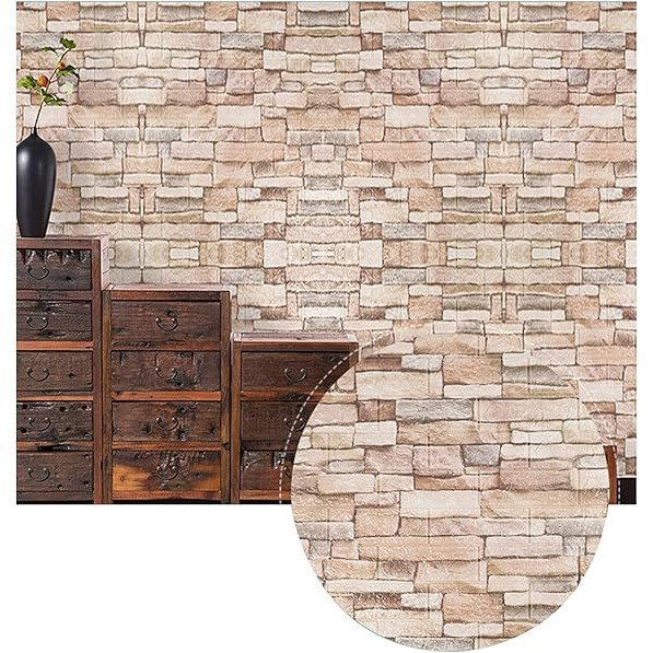 Set 10 Placi Tapet 3D, Flippy, 70 x 77 cm, Grosime 3 mm, din Polietilena, Model Caramida, Suprafata acoperita 5.3 mp, Bej [3]