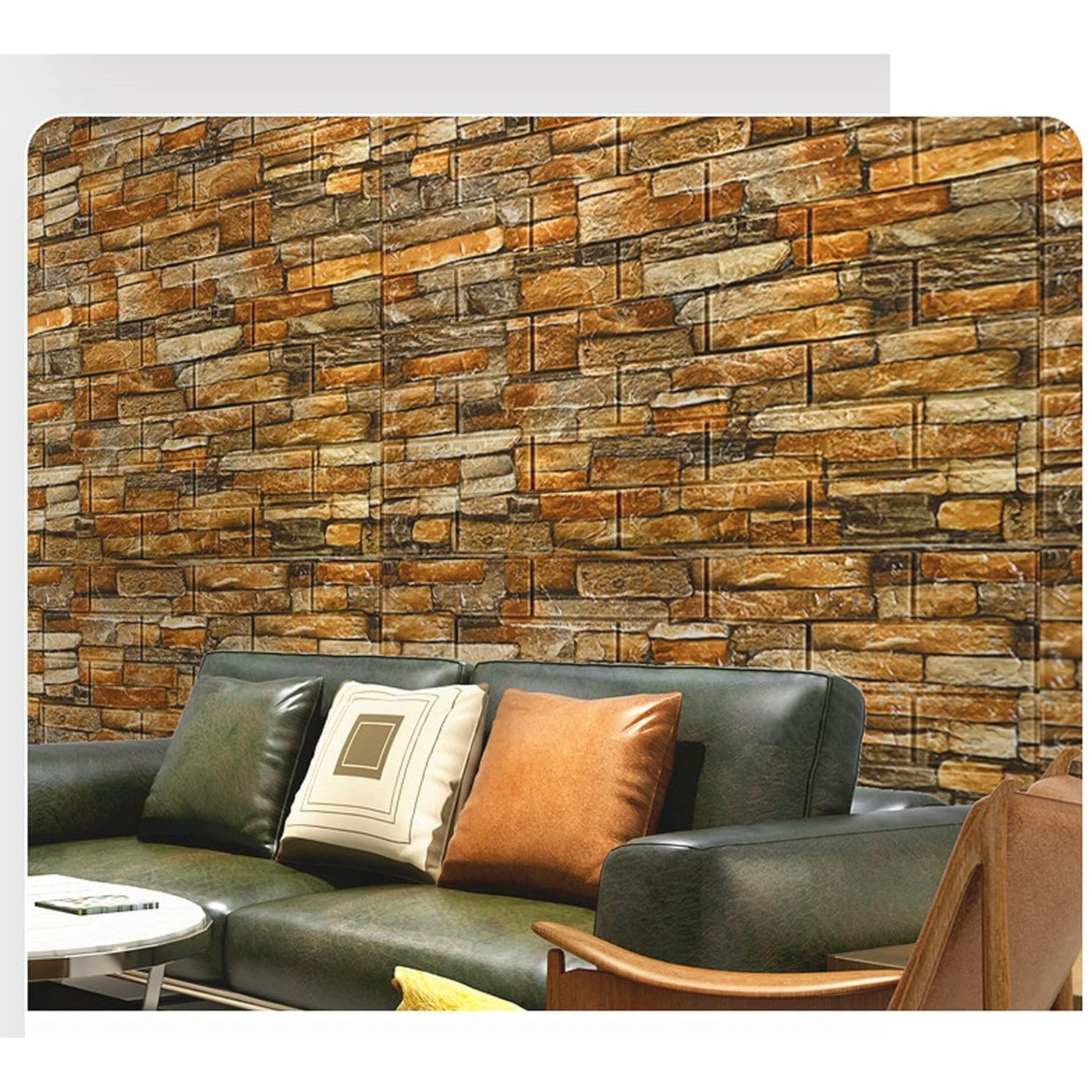 Set 10 Placi Tapet 3D, Flippy, 70 x 77 cm, Grosime 3 mm, din Polietilena, Model Caramida, Suprafata acoperita 5.3 mp, Piatra Galbena [7]