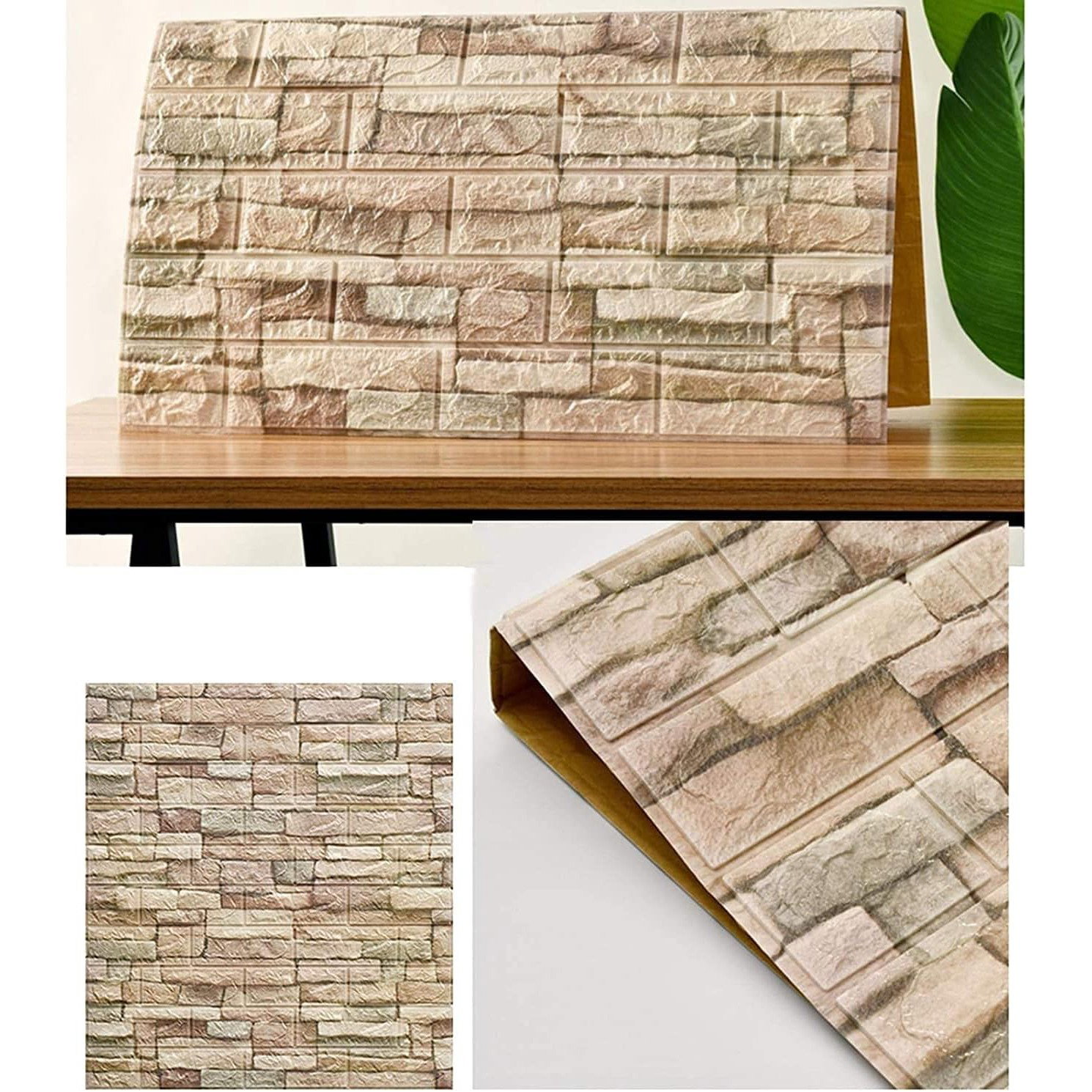 Set 10 Placi Tapet 3D, Flippy, 70 x 77 cm, Grosime 3 mm, din Polietilena, Model Caramida, Suprafata acoperita 5.3 mp, Bej [6]