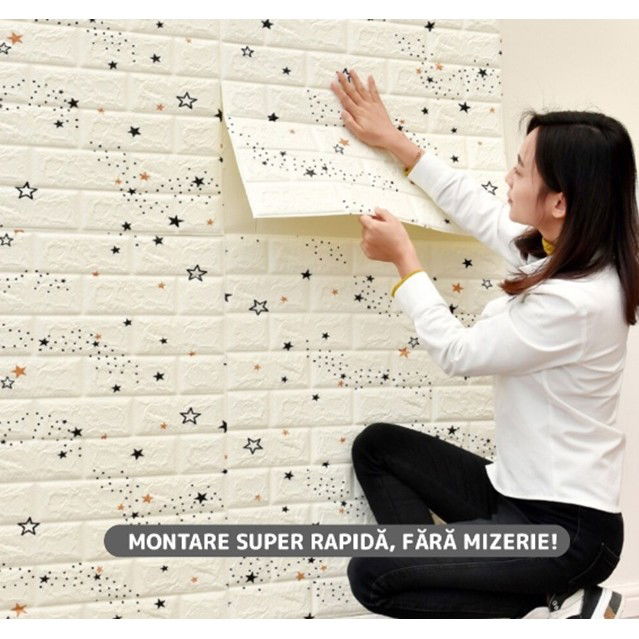 Set 10 Placi de Tapet, Flippy, Autoadezive, 70 x 77 cm, Suprafata Acoperita 5.3 mp, din PVC, Model Stelute Albastre, Alb [4]