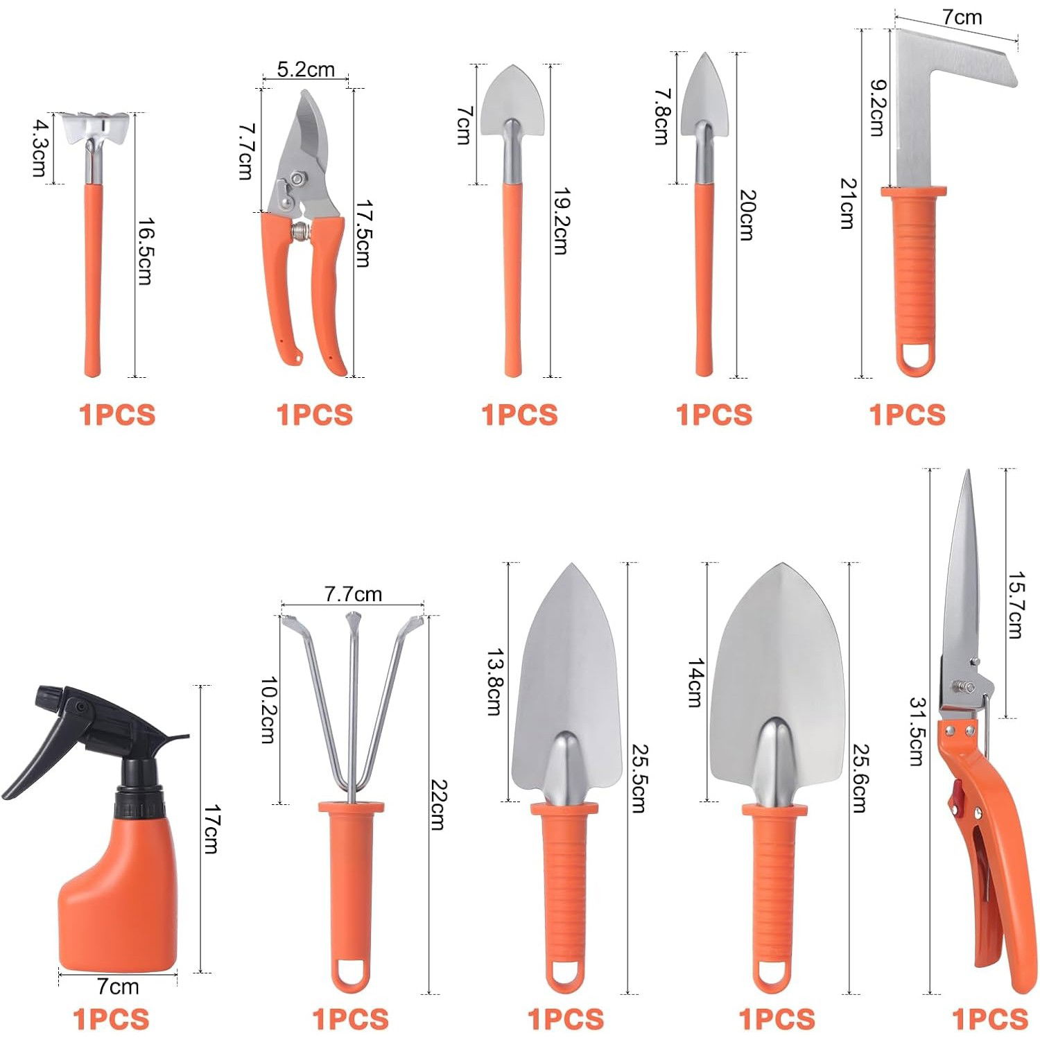 Set 10 Unelte de Gradina, Flippy, pentru Plantare Prelucrare Sol si Ingrijire Plante, Manere Portocalii, Material PVC si Otel Inoxidabil, Cutie Inclusa, 37x28x7 cm, Negru [8]