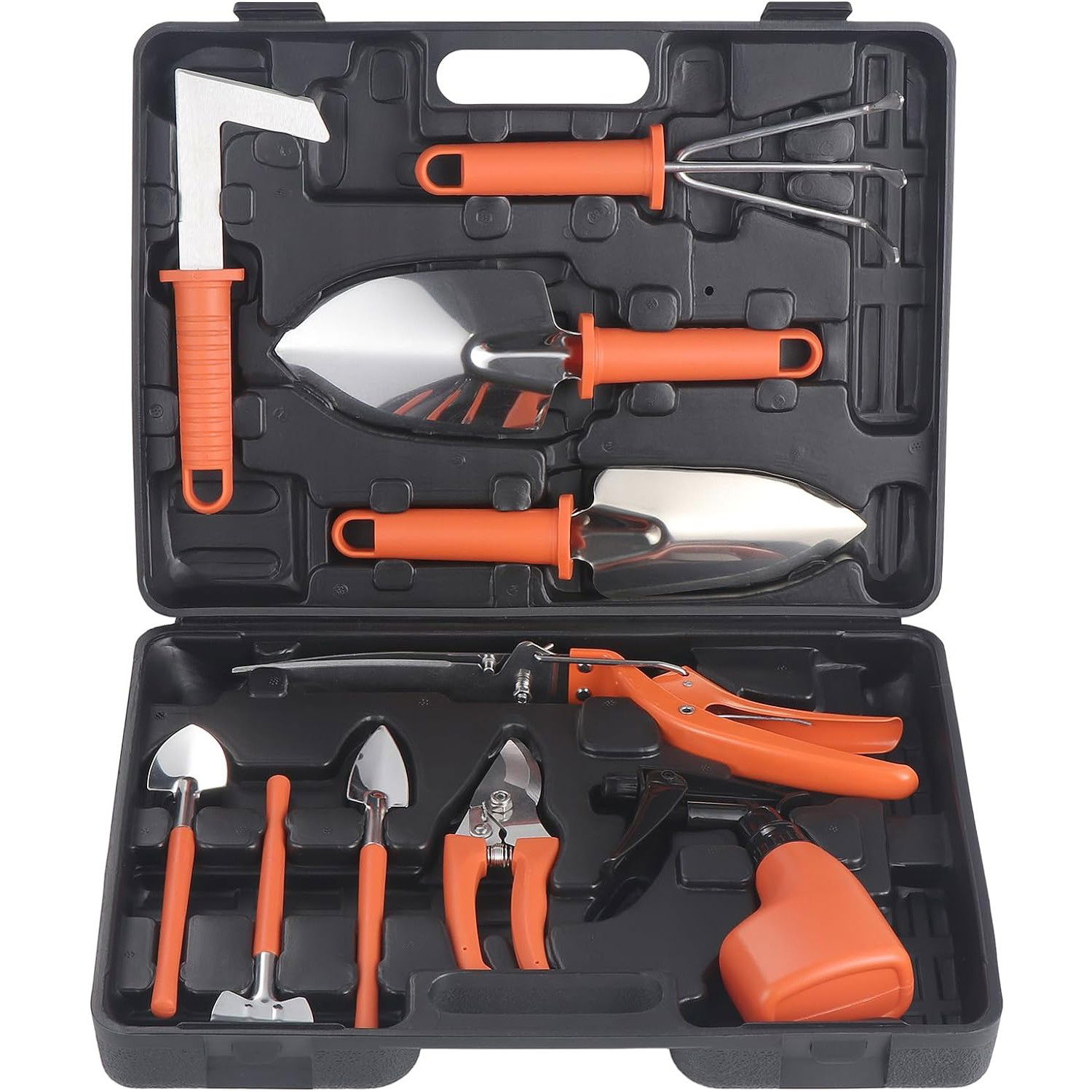 Articole pentru Gradina si Bricolaj - Set 10 Unelte de Gradina, Flippy, pentru Plantare Prelucrare Sol si Ingrijire Plante, Manere Portocalii, Material PVC si Otel Inoxidabil, Cutie Inclusa, 37x28x7 cm, Negru